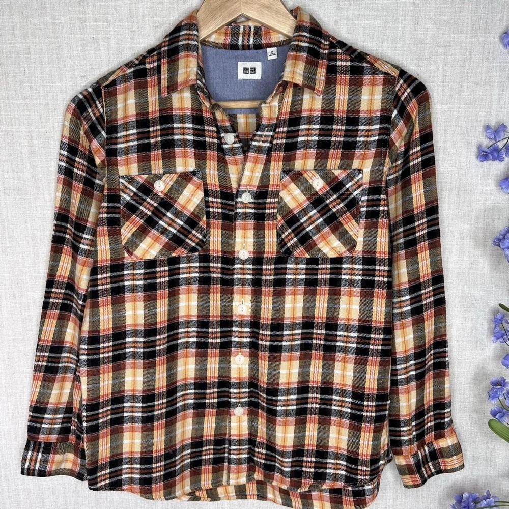 Uniqlo Boys Long Sleeve Button Down Soft Brush Feel Plaid‎ Shirt Size 11